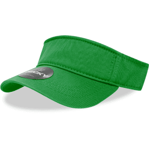 A green Polo Visor featuring a curved brim and an attached branding label.