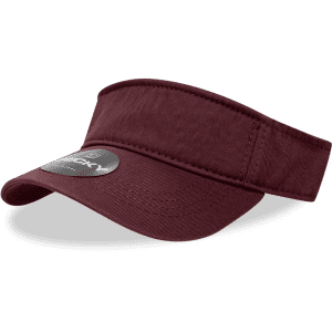 A maroon polo visor with a wide brim and a logo on the side.