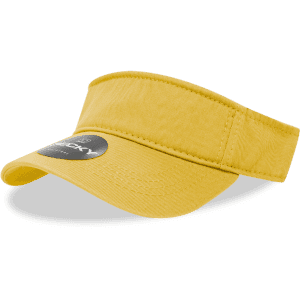 A yellow polo visor with a wide brim and a logo on the side, featuring a simple and sleek design.