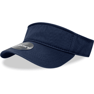 A navy blue visor with a wide brim and a circular branded patch on the front.