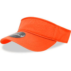 An orange polo visor with a wide brim, featuring a logo on the front.