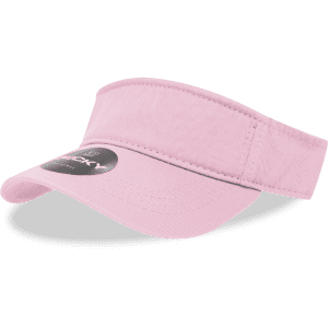 A pink polo visor with a wide brim and a logo on the front.
