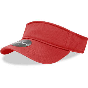 A red visor with a wide brim and an adjustable strap, featuring a logo.