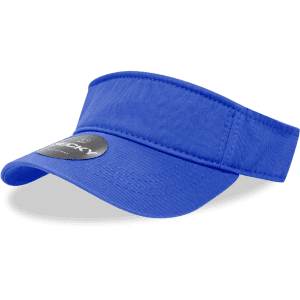 A blue polo visor featuring a wide brim and a logo on the front.