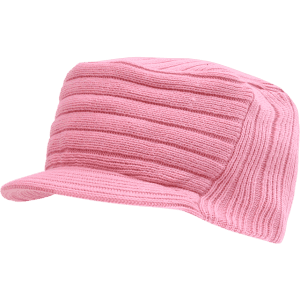 A pink knitted cap with a flat top, featuring a raised ribbed texture. It has a soft visor and branding.