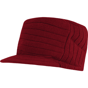 A red knitted cap with a flat top and ribbed texture. The cap features a branded logo.