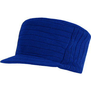 A blue flat top cap with a ribbed texture and a short brim, featuring a logo on one side.