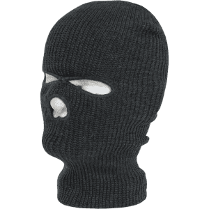 A black tactical mask with three holes, designed to cover the face and head. It has a knitted texture and includes a logo.