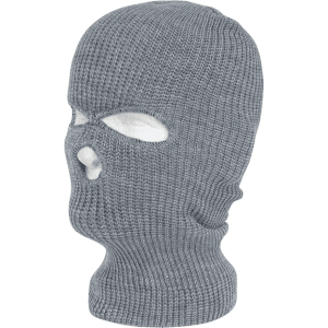A grey knitted beanie with three holes for eyes and mouth, featuring a snug fit and a textured surface.