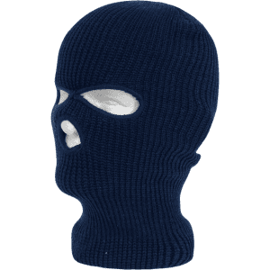 A navy blue beanie featuring three holes for eyes and mouth, crafted from knitted material. Includes a logo.