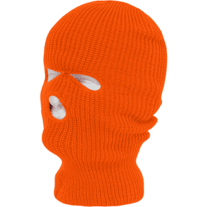 An orange beanie with three holes for eyes and mouth, made from knitted fabric. It has a logo.