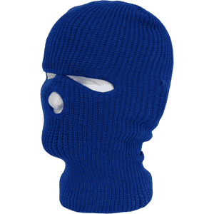 A blue knitted beanie with three holes for the face and eyes, featuring a logo on one side.