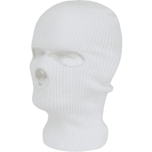 A white beanie with three holes for the eyes and mouth, featuring a snug fit. It has a logo on the side.
