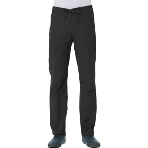 A pair of black unisex pull-on pants with a drawstring waist. The pants are displayed on a mannequin.