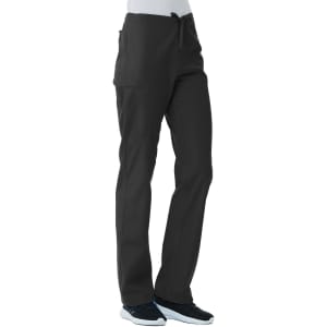 A pair of unisex pull-on pants in dark grey, featuring a drawstring waist and pockets.