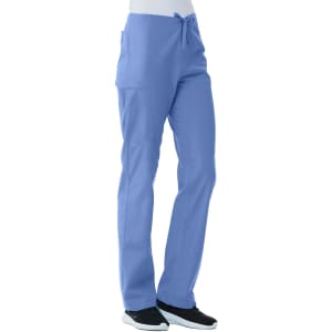 A pair of blue unisex pull-on pants with a drawstring and side pockets, featuring a logo.