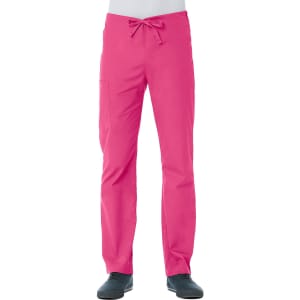 A pair of pink unisex pull-on pants with a drawstring waist and side pockets. Features a logo.