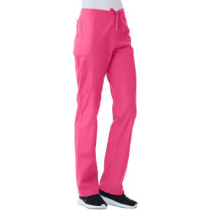 A pair of unisex pull-on pants in bright pink, featuring pockets and a drawstring waistband.