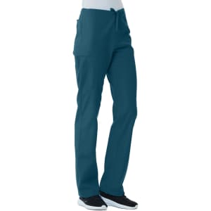 A pair of unisex pull-on pants in teal, featuring pockets and a drawstring waist, displayed on a mannequin.