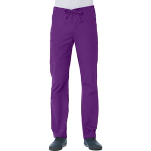 A pair of unisex pull-on pants in vibrant purple, featuring a drawstring and pockets. The pants have a smooth finish.