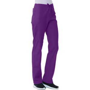 A pair of unisex pull-on pants in a vibrant purple colour, featuring an elastic waistband and side pockets.