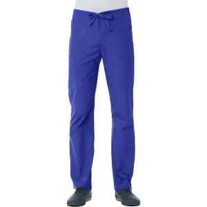 A pair of unisex pull-on pants in a vibrant blue colour, featuring an elastic waistband and a drawstring.