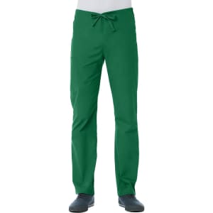 A pair of unisex pull-on pants in green with a drawstring waistband and pockets, featuring a logo.