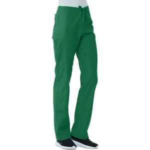 Green unisex pull-on pants featuring a drawstring and pockets, modelled on a person wearing black shoes.