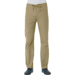 Tan unisex pull-on pants with a drawstring waist and side pockets, featuring a logo.