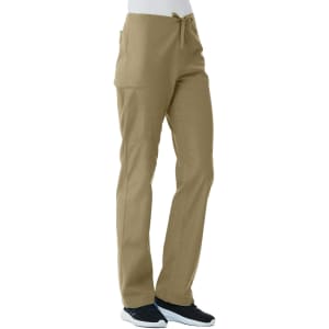A pair of unisex pull-on pants in a khaki colour, featuring pockets and a drawstring waistband.