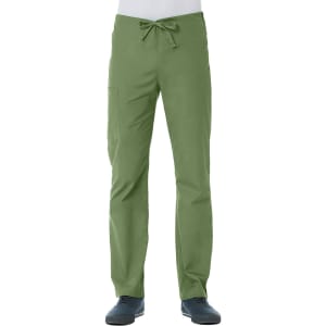 A pair of unisex pull-on pants in green, featuring a drawstring waist and side pockets. The product has a logo.