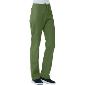 A pair of green unisex pull-on pants with a drawstring waist and pockets. The product has a logo.