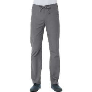 A pair of grey unisex pull-on pants with a drawstring waist and side pocket, featuring a logo.