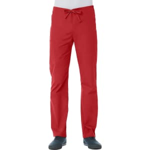 Red unisex pull-on pants with a drawstring waist and pocket. The model is wearing black shoes.