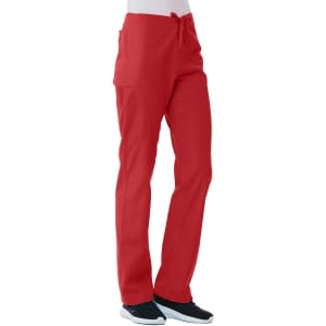 A pair of red unisex pull-on pants with side pockets, featuring a drawstring waist and a logo.