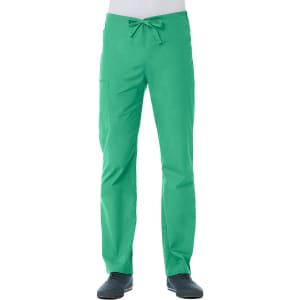 A pair of green unisex pull-on pants with a drawstring, featuring a side pocket and a logo.