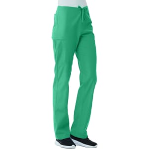 Green unisex pull-on pants with a drawstring waist and side pockets, suitable for casual or work wear.