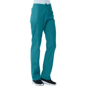 A pair of unisex pull-on pants in a vibrant teal colour, featuring two side pockets and a drawstring waist.