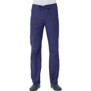 A pair of unisex pull-on pants in navy blue with a drawstring waistband and a logo.