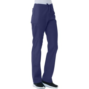 A pair of unisex pull-on pants in a deep navy blue, featuring a drawstring and pockets.