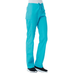 A pair of turquoise unisex pull-on pants with pockets and a drawstring waist. The image features a brand logo.