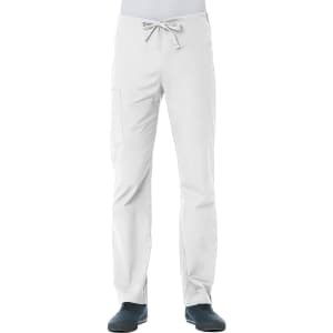 A pair of unisex pull-on pants in light grey with a drawstring and a side pocket. Features a logo.