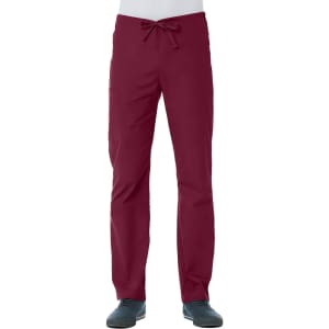 A pair of unisex pull-on pants in a rich burgundy colour, featuring a drawstring waist and pockets.