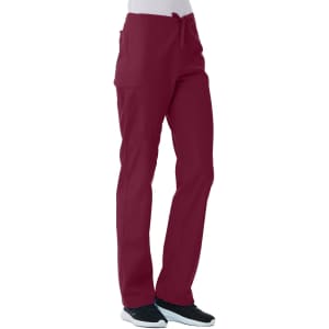 A pair of unisex pull-on pants in deep red with a drawstring waist and multiple pockets.