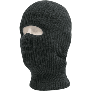 A dark grey knitted tactical mask featuring one eye hole and a mouth opening, with a logo on the side.