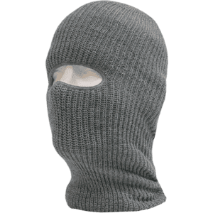 A grey beanie with a single hole for the face, featuring a knitted design. It has a logo on the side.
