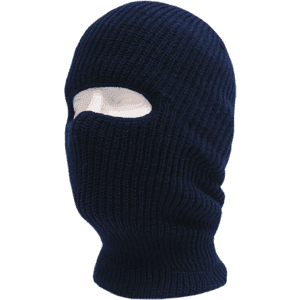 A navy blue beanie featuring a one-hole design for the face, made from ribbed material. It has a logo.