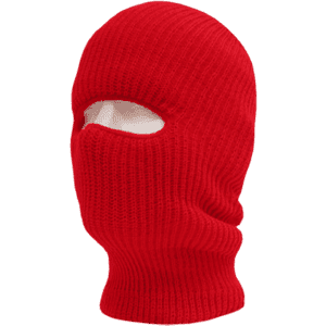 A red face mask beanie with one hole for the eyes. It features a ribbed texture and has a logo on it.