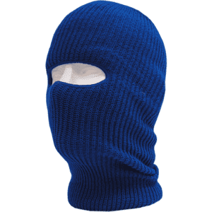 A blue beanie with one hole, featuring ribbed texture and a logo.