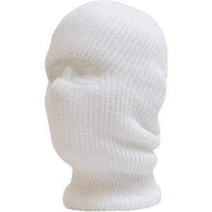 A white beanie-style face mask with one hole, featuring a knitted texture and a smooth finish.